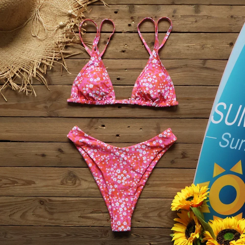 2024 New Sexy Low Waist Bikini Set Two Piece Swimwear Women Swimsuits Print Floral Strappy Bathing Suit Beach Wear biquini Mujer