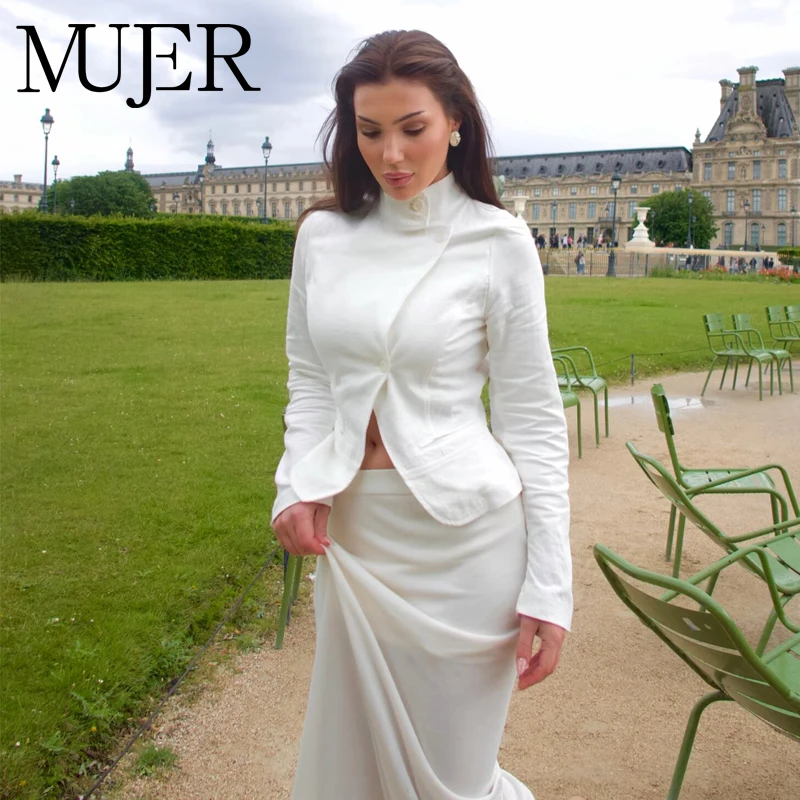 

MUJER White Fitted Jackets for Women Double Breasted Jacket Woman Summer High Collar Womens Coats Long Sleeve Women's Jackets