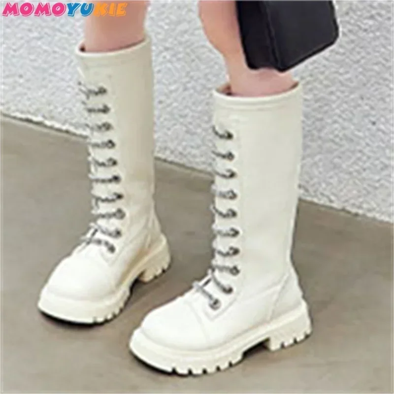 Children Girls Purity Lace Up Long Boots 2023 Autumn Winter Korean Edition New Versatile High Microfiber Princess Cotton Boots