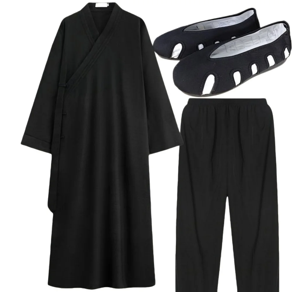 Taoist Robe Uniform Set Traditional Chinese Cross-collar Long Gown with Pants & Tao Hat Breathable Linen Meditation Costume