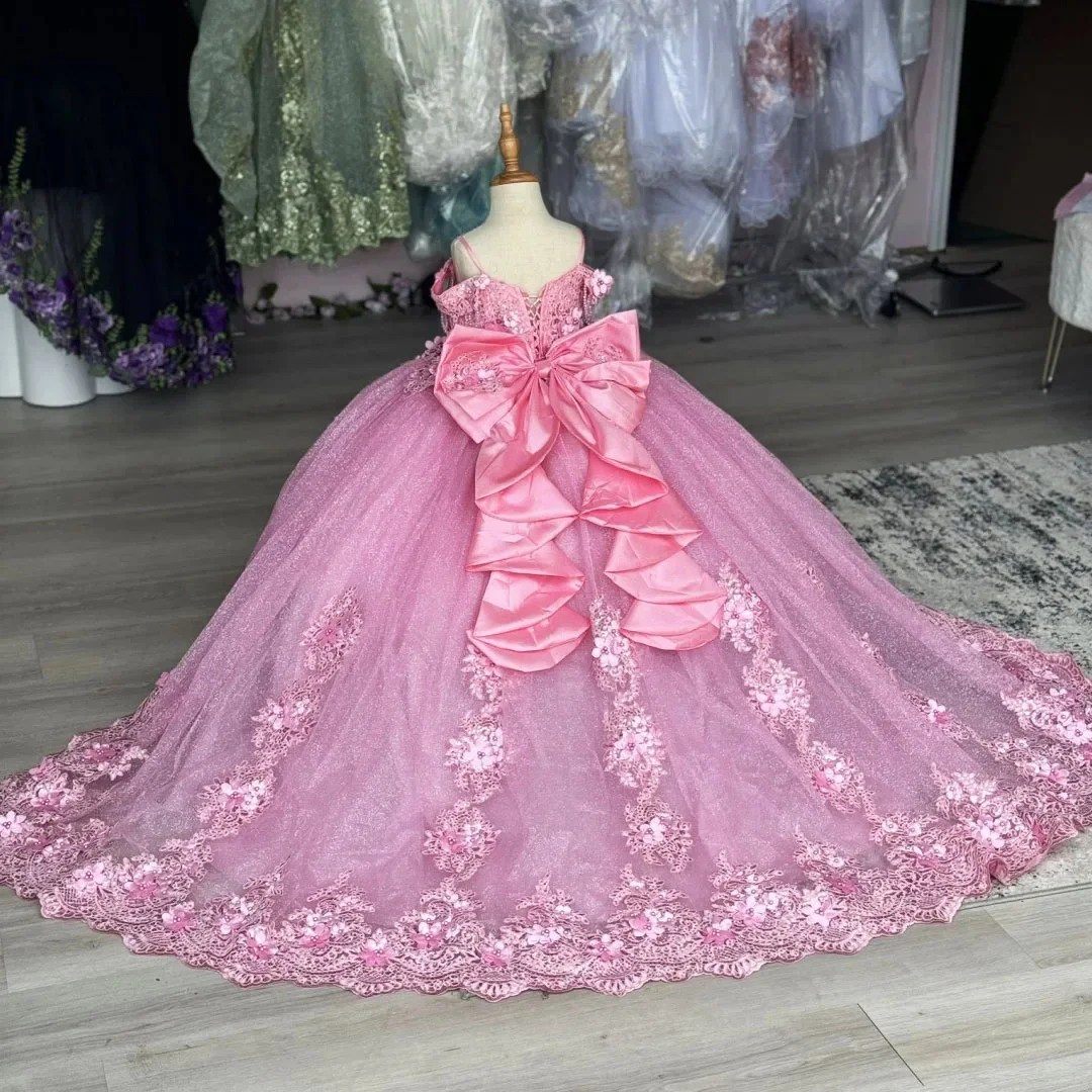 

Customized Luxury Flower Girl Dress For Wedding Appliques Floor Length With Bow Princess Quinceanera First Communion Party Gown