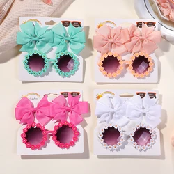 3Pcs/set Cheer Bow Hairclips Retro Flower Sunglasses for Kids Printing Handmade Hairgripes Girls Headwear Glasses Accessories