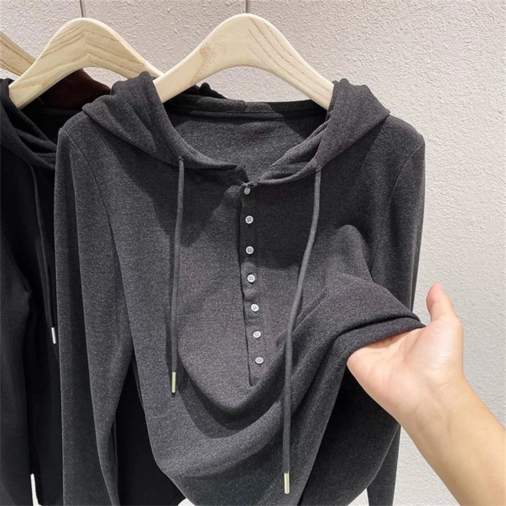 Women Soft Waxy Double-sided Fleece Hooded Long Sleeve Plus Velvet Warm Bottoming Shirt Autumn Winter Chic T-shirt All-match Top