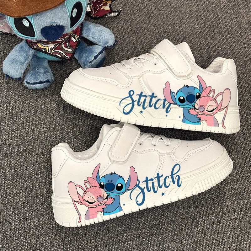 

Cartoon Stitch and Angel Printed Kids Sneakers Unisex Hook Loop White Shoes UV Printed Children Casual Shoes