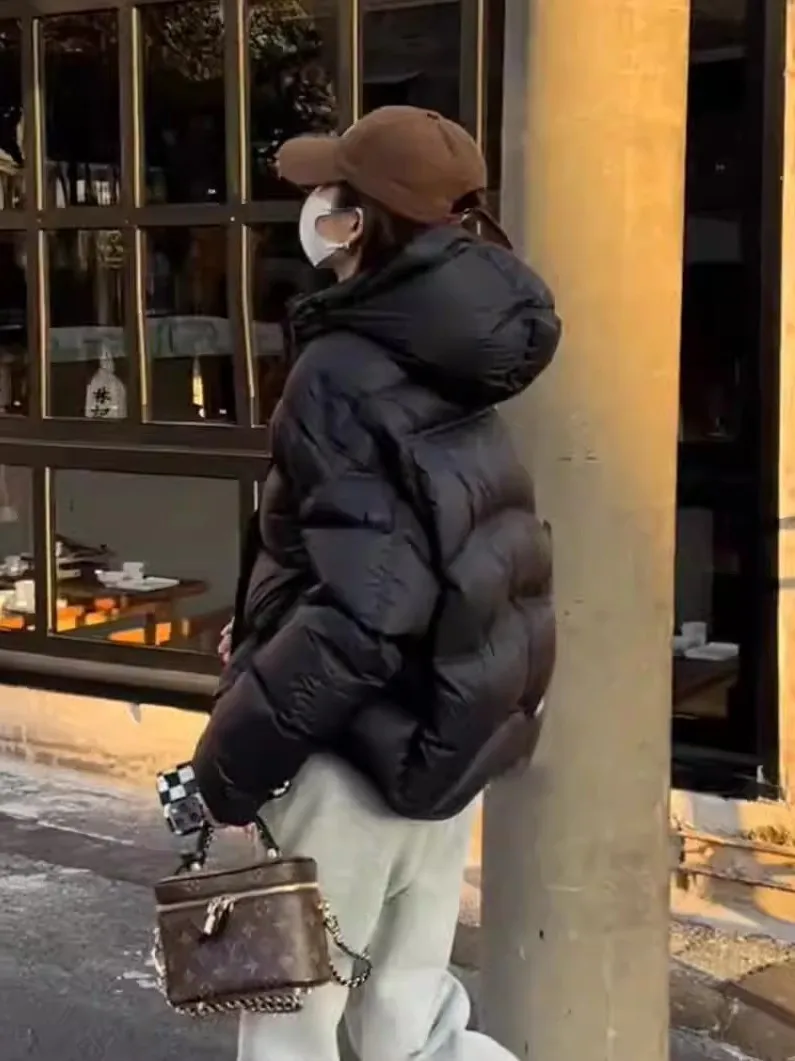 Women's Short Puffer Jacket Duck down Grey Bread Style Coat Korean Version Straight Cut Commute Style Windproof Warmth