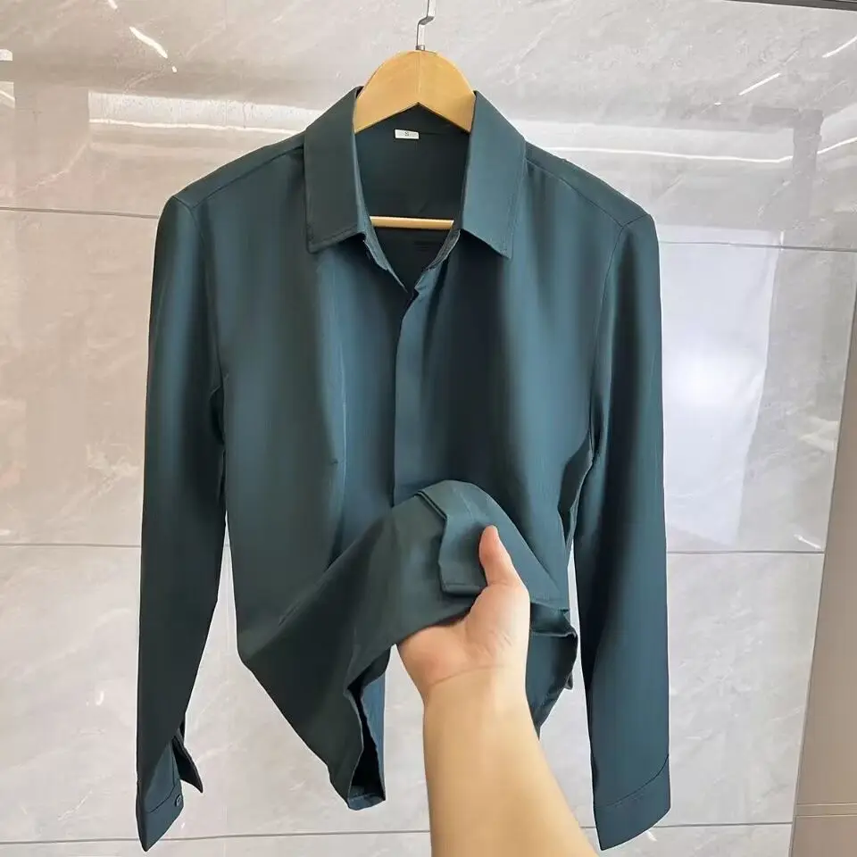 Men's Long Sleeve Shirt Solid Color Loose Casual Drape Blouse Spring Autumn Korean Style Lightweight Elegant Top