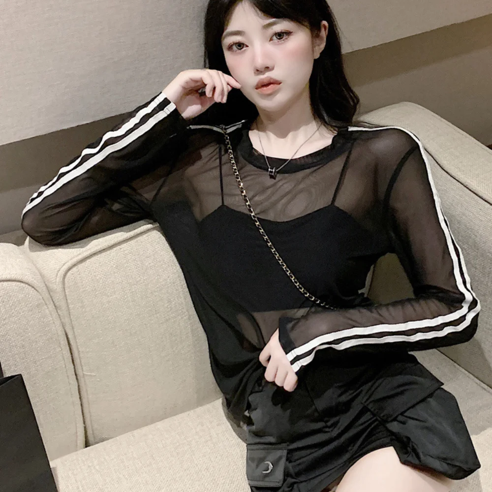 Fashion Striped Y2K Transparent T Shirts Long Sleeve Sun Protection Mesh Blouses Round Neck Korean Style Streetwear