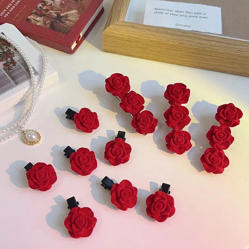 Set Red Velvet Rose Hair Clips For Women Small Rose Hairpins Girls Elegant Hair Clip Pin Barrettes Wedding Hair Accessories