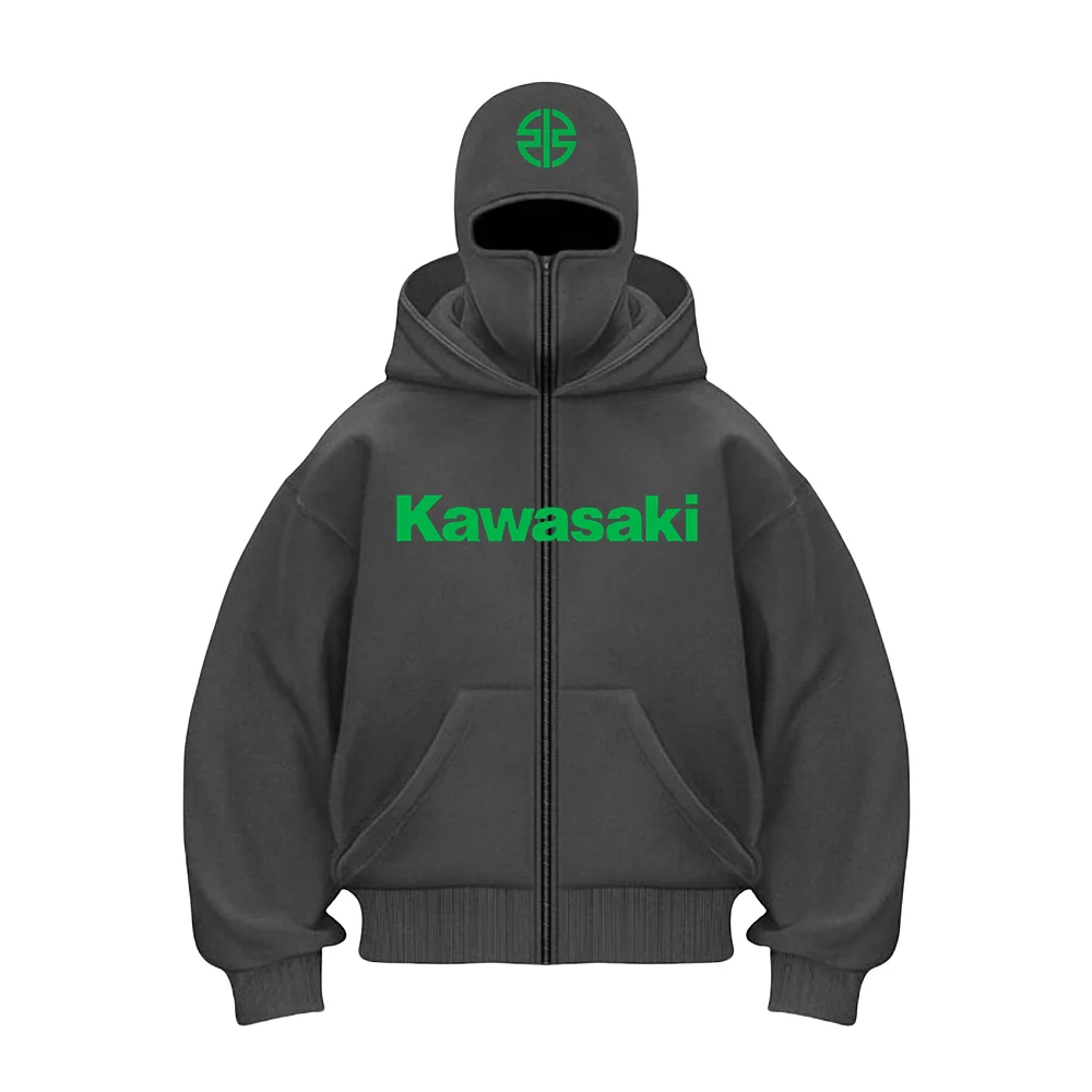 

Kawasaki мотоциклетная толстовка Y2K двойная шляпа шерстяная толстовка мужская и женская уличный стиль хип-хоп толстовка в маске куртка на молнии