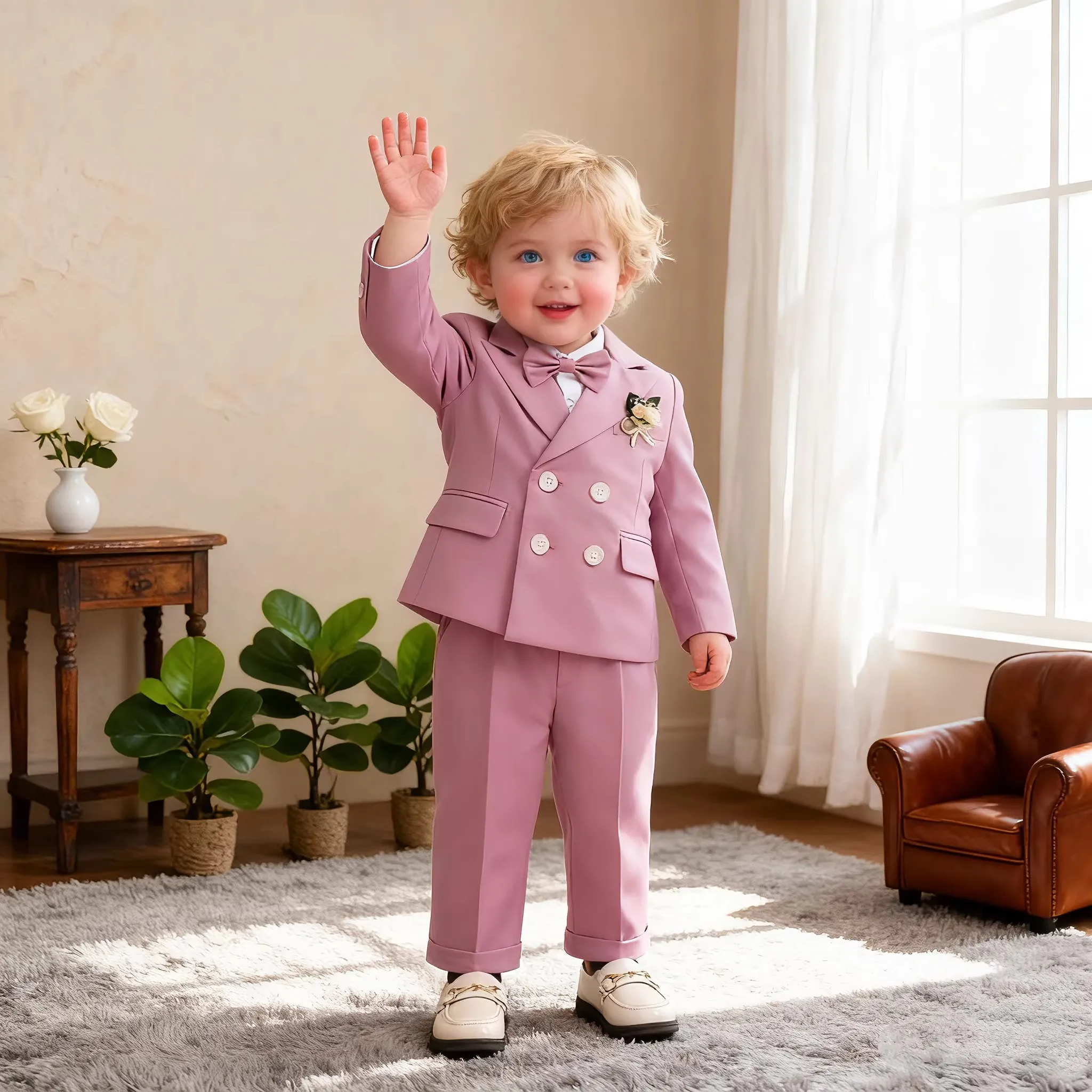 Children Champagne 5Pieces/Set Jacket Vest Pants Bowtie Flower Wedding Dress Boys Birthday Gift Suit Baby Kids Ceremony Costume