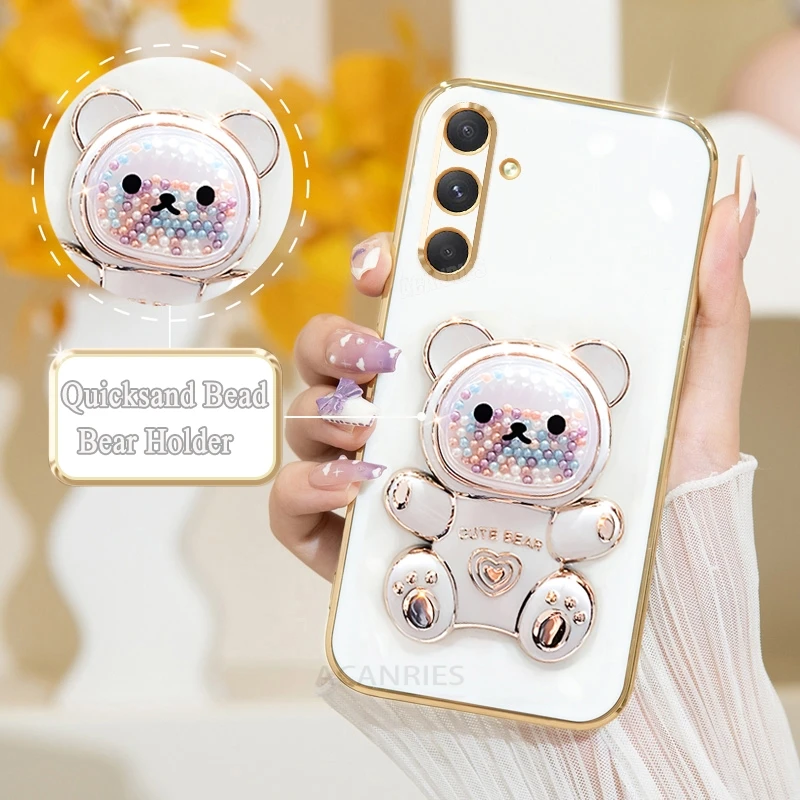 A 15 25 35 55 Cute Plating Quicksand Bear Holder Case For Samsung Galaxy A15 A25 A35 A55 A14 A24 A34 A54 5g Silicone Stand Cover