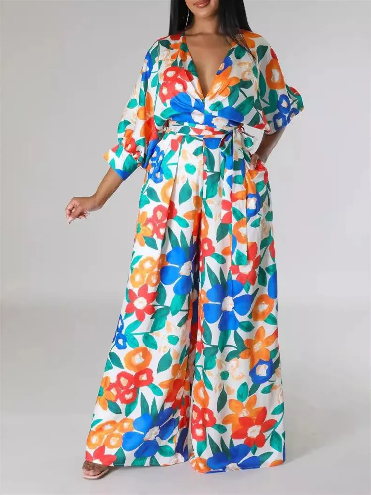 Wmstar Jumpsuit Women Summer V Neck Flower Print Color Sexy Loose Bandage Rompers Summer Wholesale Dropshipping 2024