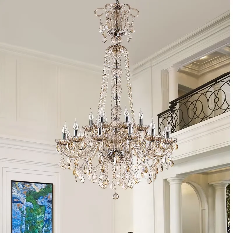 

Luxury Extra Long Large Stair Gold/SilverK9 Crystal Chandelier Lustres De Cristal Candle Export Lobby Light 15 Arms Height 150cm