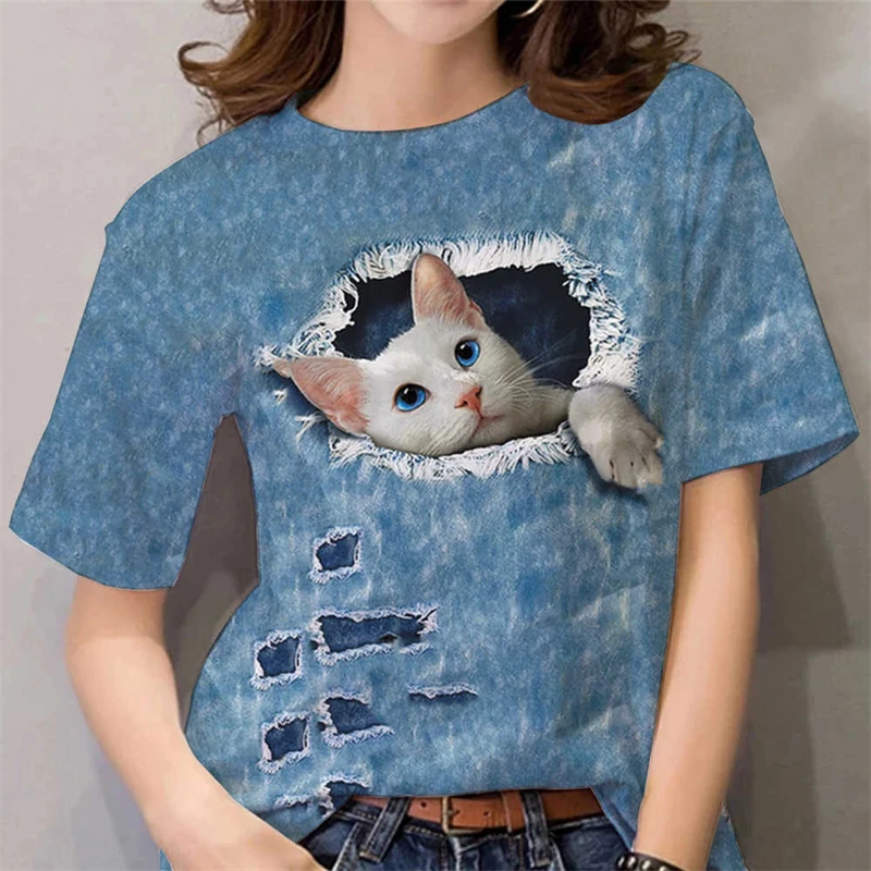 Women's Casual Fashion Y2k Tops Summer 3D Cute Animal Cat Print Short Sleeve Tees O-neck Funny Tops Female Tshirt Kawaii Clothes