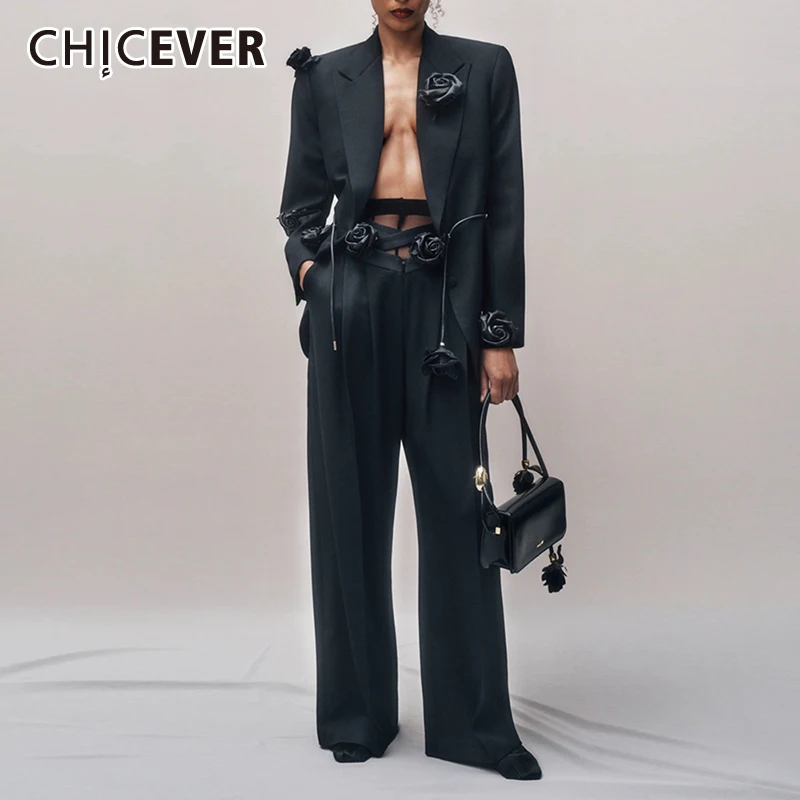 

CHICEVER Temperament Two Piece Set For Women Lapel Long Sleeve Spliced Appliques Tops High Waist Folds Pants Casual Set Female