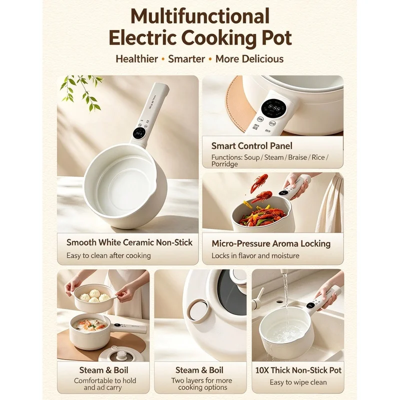 1pc 220V Electric Cooking Pot Smart Non-Stick Pot with Micro Pressure Lid Portable Skillet for Stew Steam Fry Home Dorm Kitchen