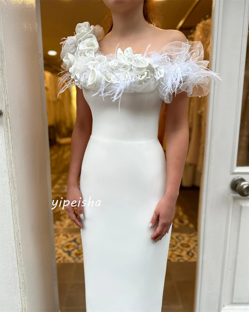 Customized Jersey Flower Feather Ruched Christmas A-line Off-the-shoulder Bespoke Occasion Gown Midi Dresses
