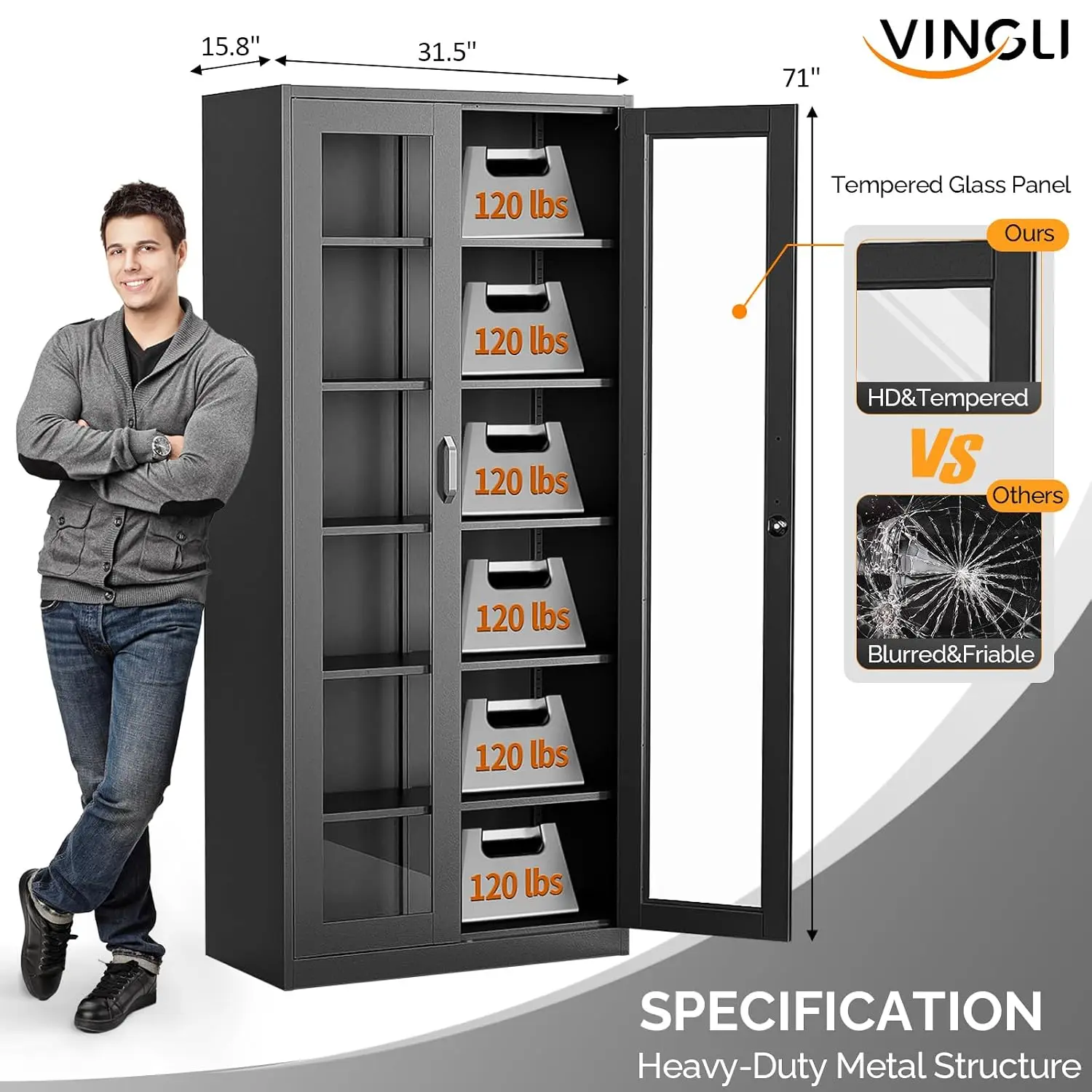 Lockable Glass Door Display Cabinet 5 Adjustable Shelves, 71