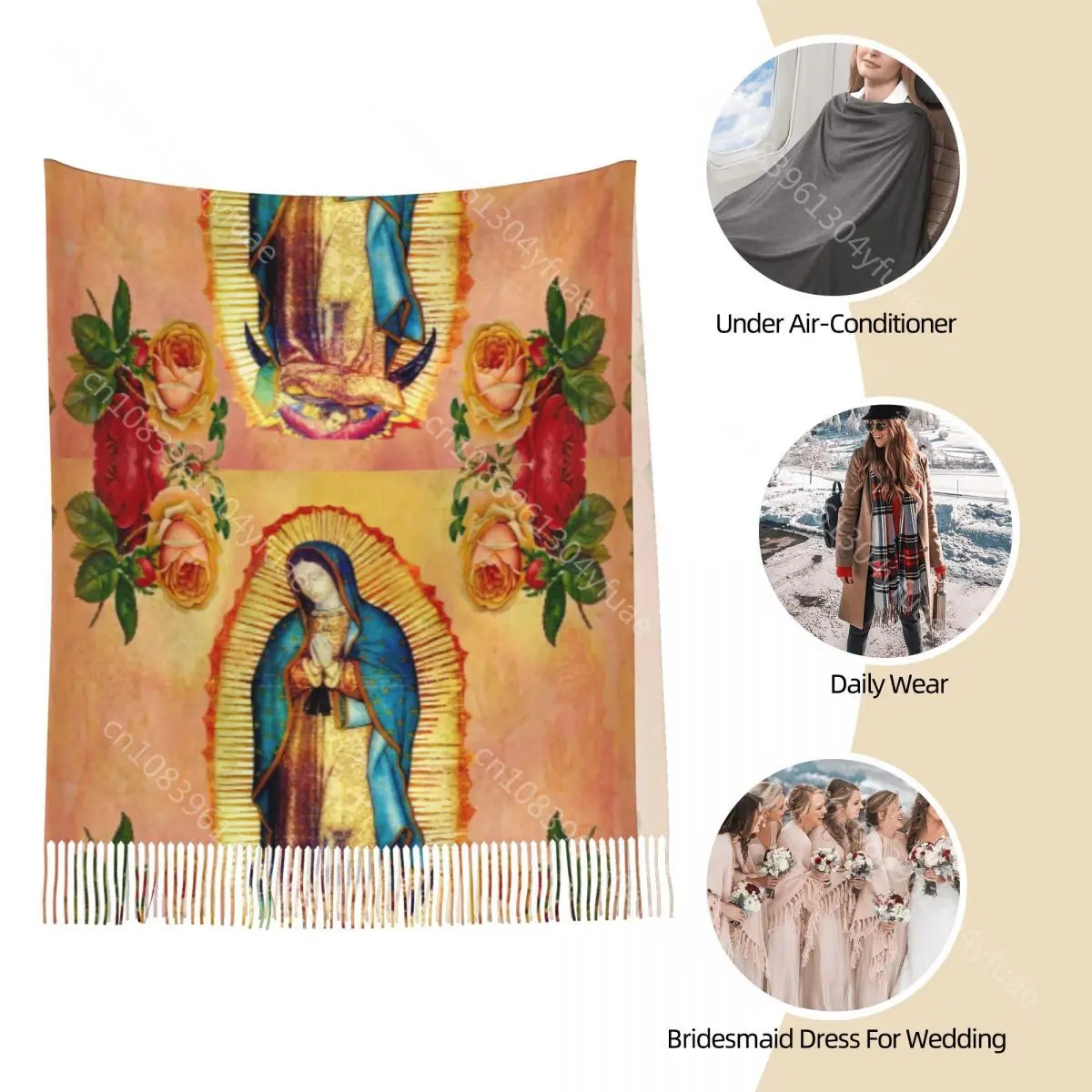 Womens Tassel Scarf Our Lady Of Guadalupe Virgin Mary Roses Long Soft Warm Shawl Wrap Reversible Cashmere Scarf