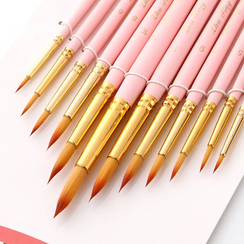 12Pcs Paint Brush Set Professional Wooden Nylon Hair Art Brushes for Fine Detailing Watercolor Painting Portable Pink