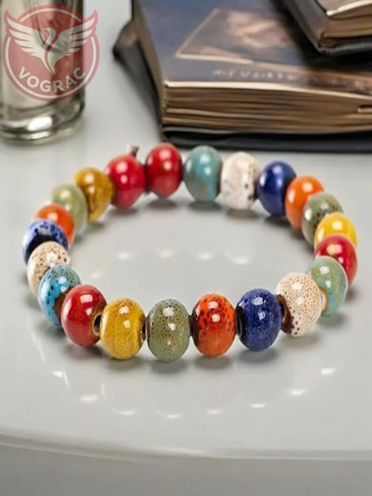 VOGRAC Colorful Ceramic Beads Strand Stretch Bracelet, Handmade ceramic bead bracelet,Shapes Elastic Hand Chain for Women