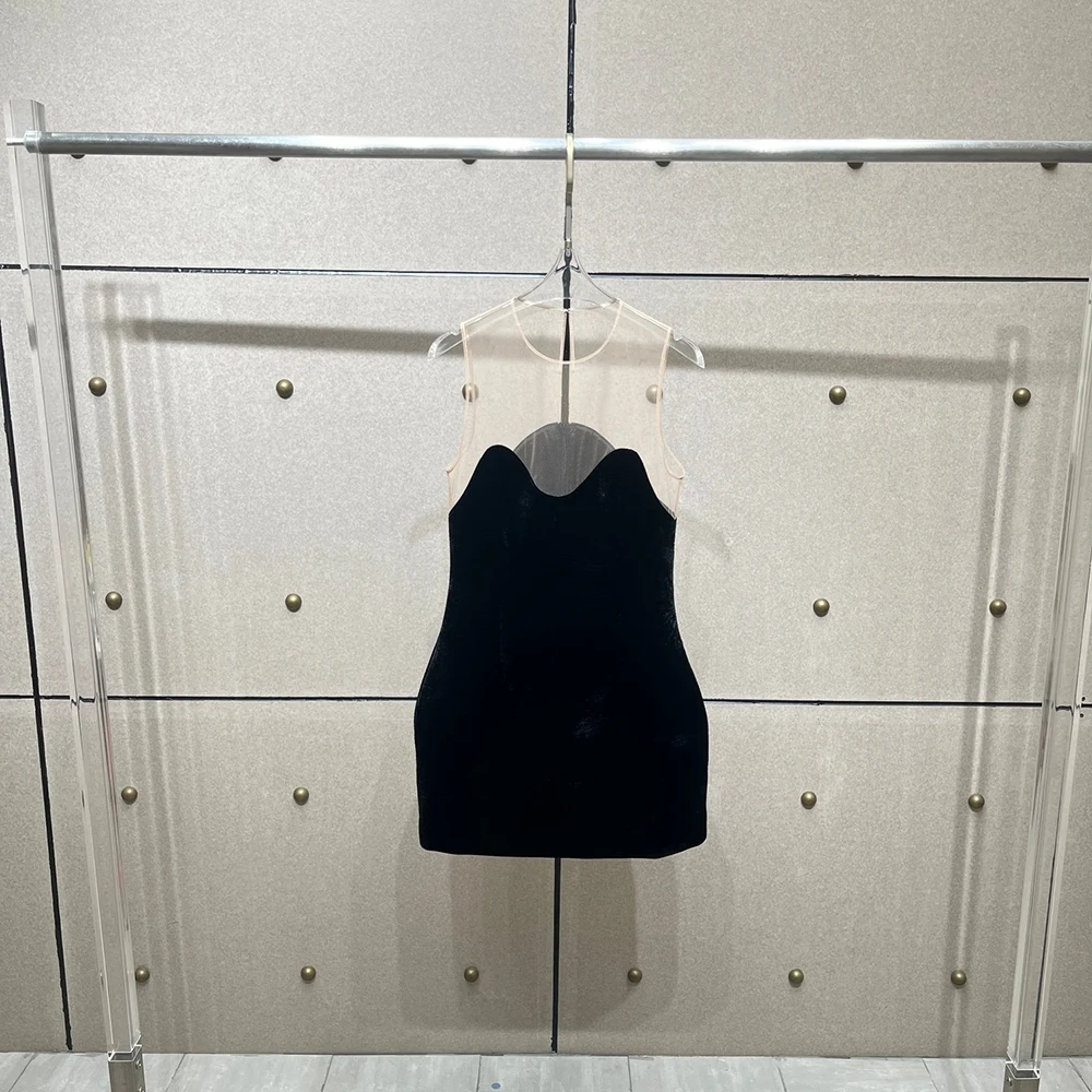 메쉬 벨벳 패치워크 여성 드레스 Y2K 섹시한 시스루 우아함 라운드 넥 민소매 드레스 2025 가을/겨울 신상품