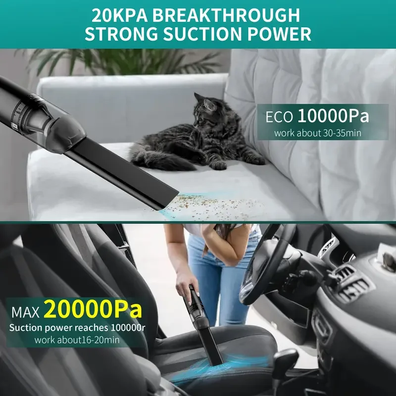 20KPA Handheld Car Vacuum Cleaner Cordless Portable Vacuum Powerful Suction Vacuum with LED Light 2-in-1 Air Inflator Vac