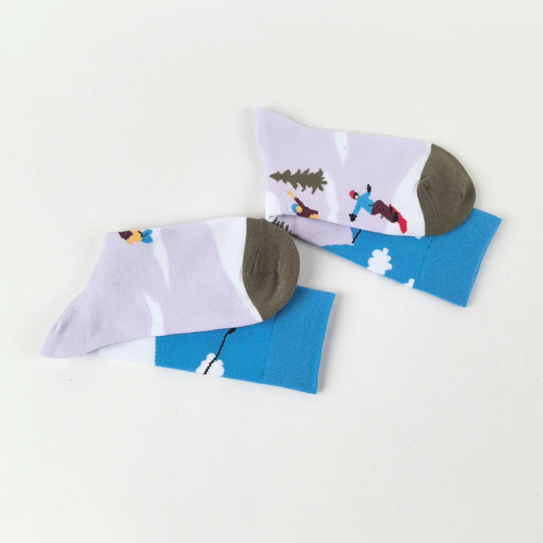 زوج واحد من الجوارب الشتوية منقوشة لمنتصف الساق للتزلج على شكل عالم الثلج، قماش متماسك، جوارب مريحة للجنسين