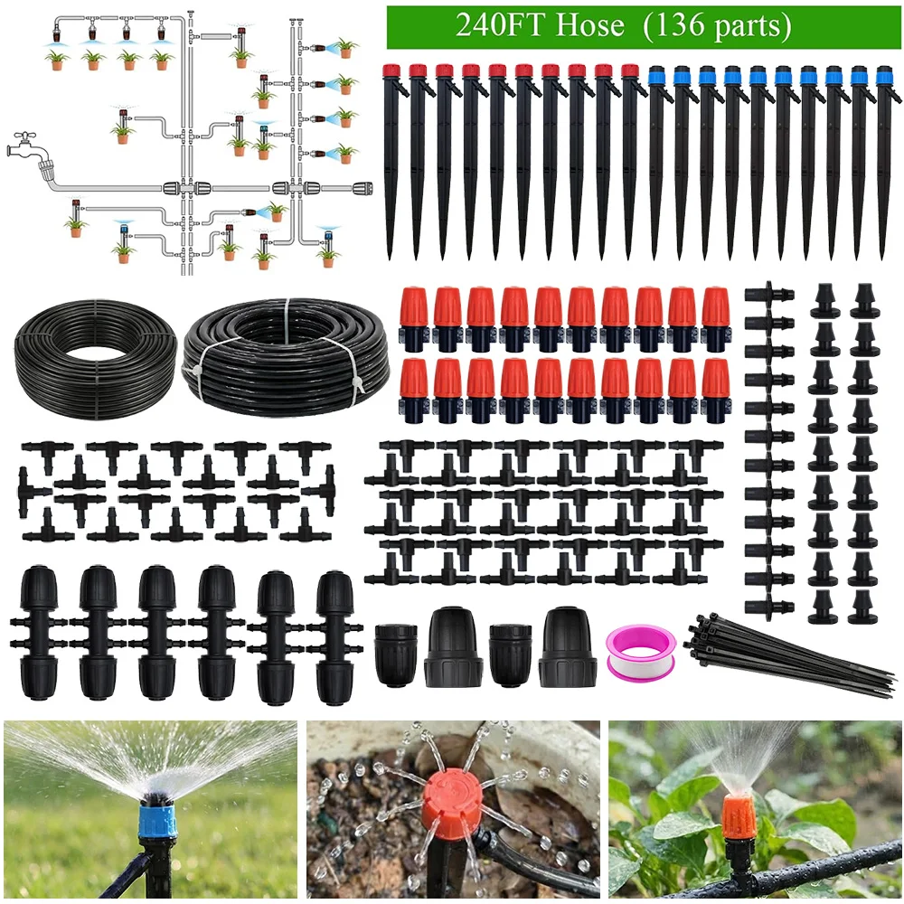 240FT Drip Irrigation System Kit,Automatic Garden Watering Misting System for Greenhouse,Yard,Lawn,Plant with 1/2,1/4 inch Hose