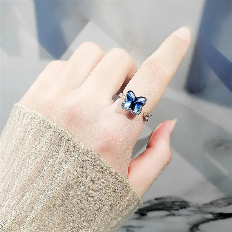 WYEAIIR INS Blue Crystal Butterfly Rotatable Reduce Pressure 925 Sterling Silver Resizable Opening Ring For Women Luxury Jewelry