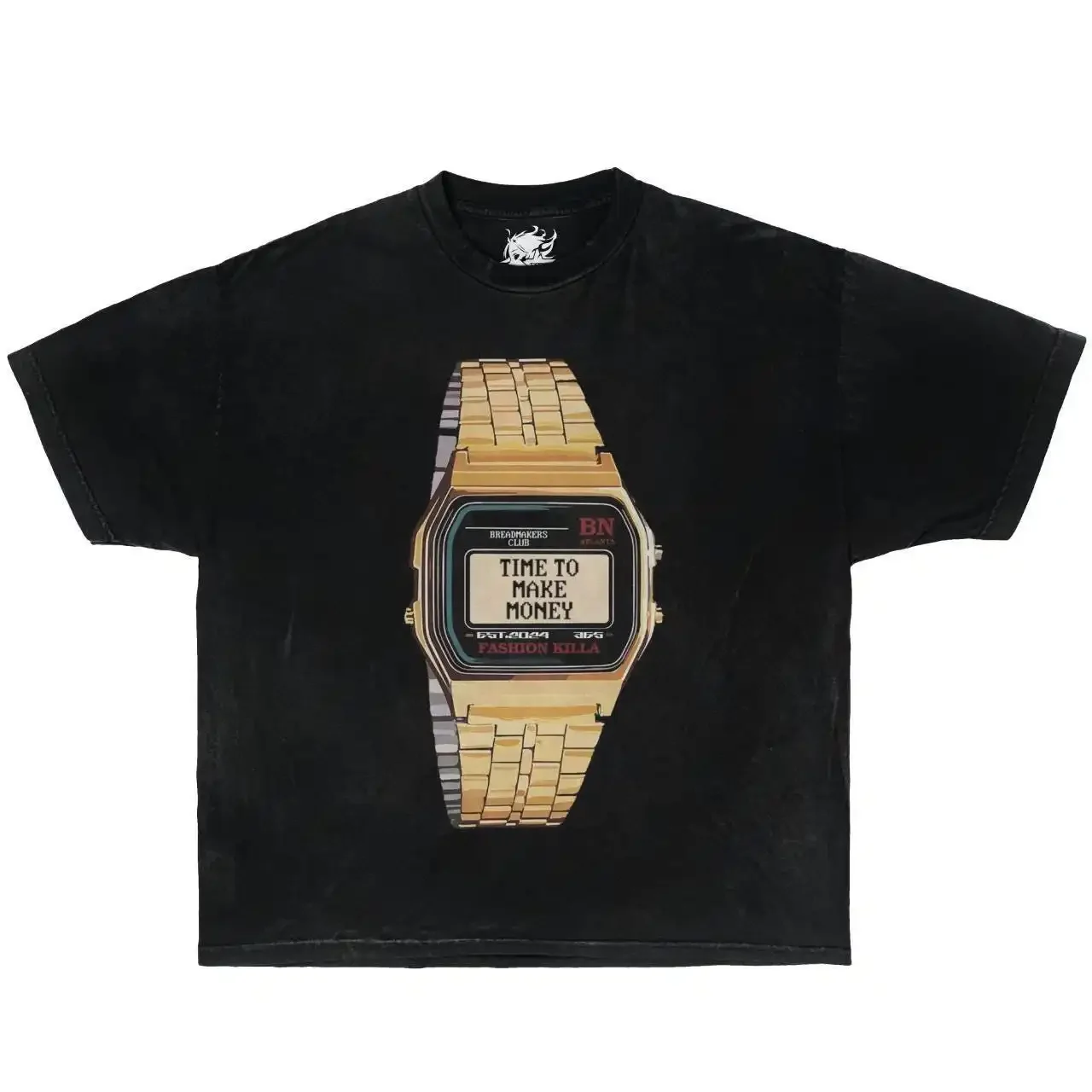 Camiseta Boxy Teñida con Efecto Desgastado, Estilo Y2K, Moda Urbana Unisex para Hombre y Mujer, Cuello Redondo, Algodón, Vintage, Time To Make Money, Black Opium