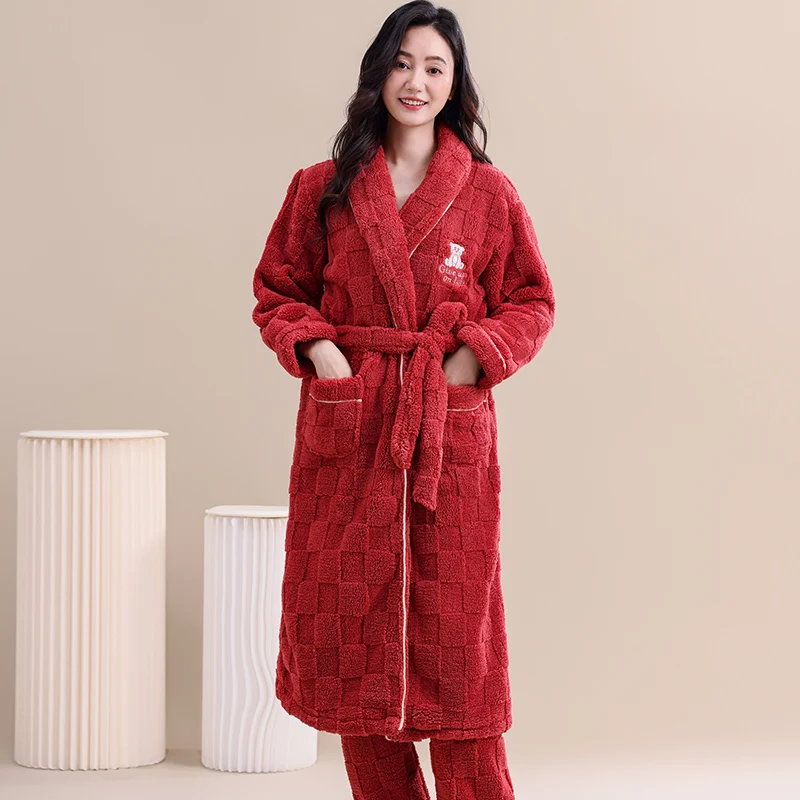 Winter Jacquard Flannel Sleepwear With Belt Robe+Pants 2PC Warm Women Pajamas Coral Fleece Robes Set Full Sleeve Female Homewear - Image 4