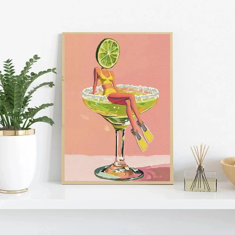 Coffee Martini Cocktail Margarita Drink Girl Jumping Into Wine Glass Fun Poster Canvas Printing Wall Art Bar Club Kitchen Decor
