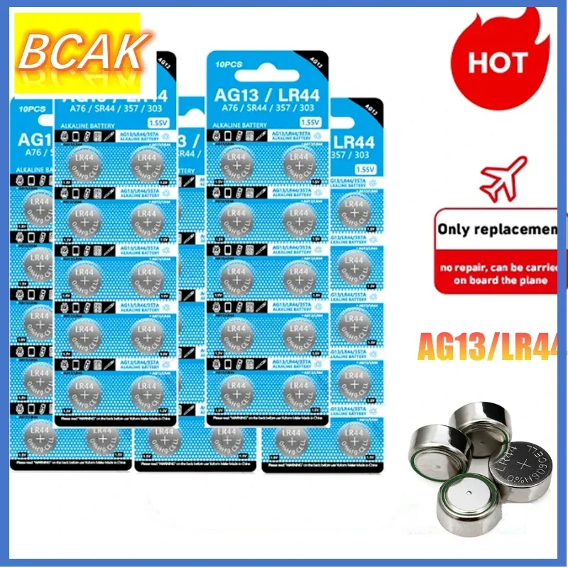 Bateria de botão BCAK 210mah AG13LR44 A76 357 357A LR1154 SR1154 SR44 1.55V Bateria para relógio calculadora chave do carro relógio remoto