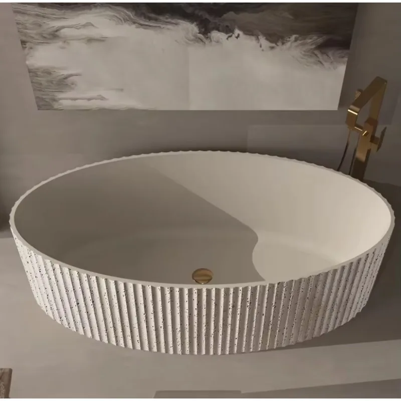 Luxurious Striped Artificial Stone Retro Oval Bathtub Freestanding For Hotel Indoor Use
