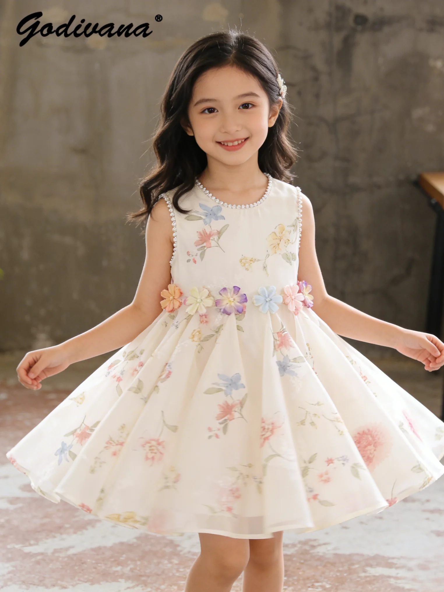 Cute Little Girls 3D Floral Print Tank Dress Summer 2026 New Fashion Kids Lace Trim O-neck Sleeveless Princess Vacation Gown