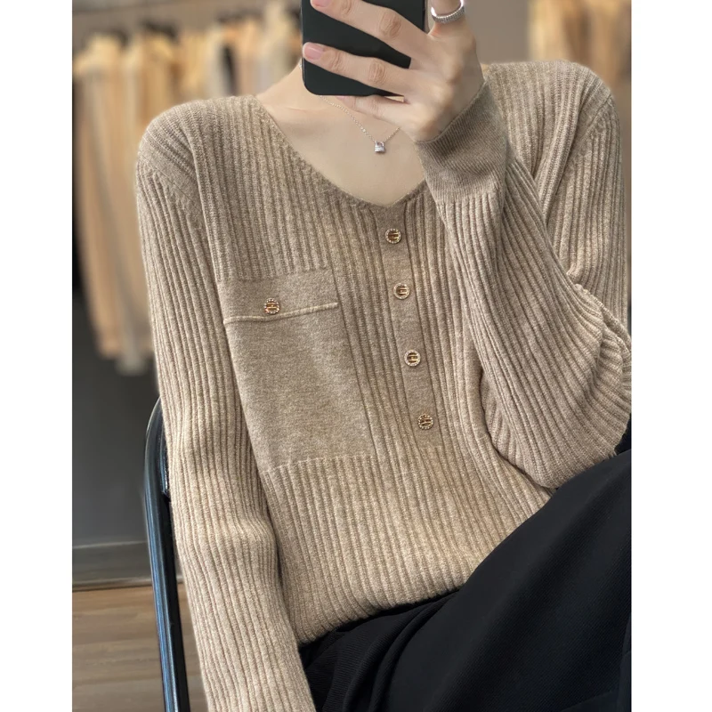 

Faionable Knitted Base Layer irt Low Ne V-Ne Spring Autumn Winter Outerwear Sweater Small Fraance Sle Commute S...