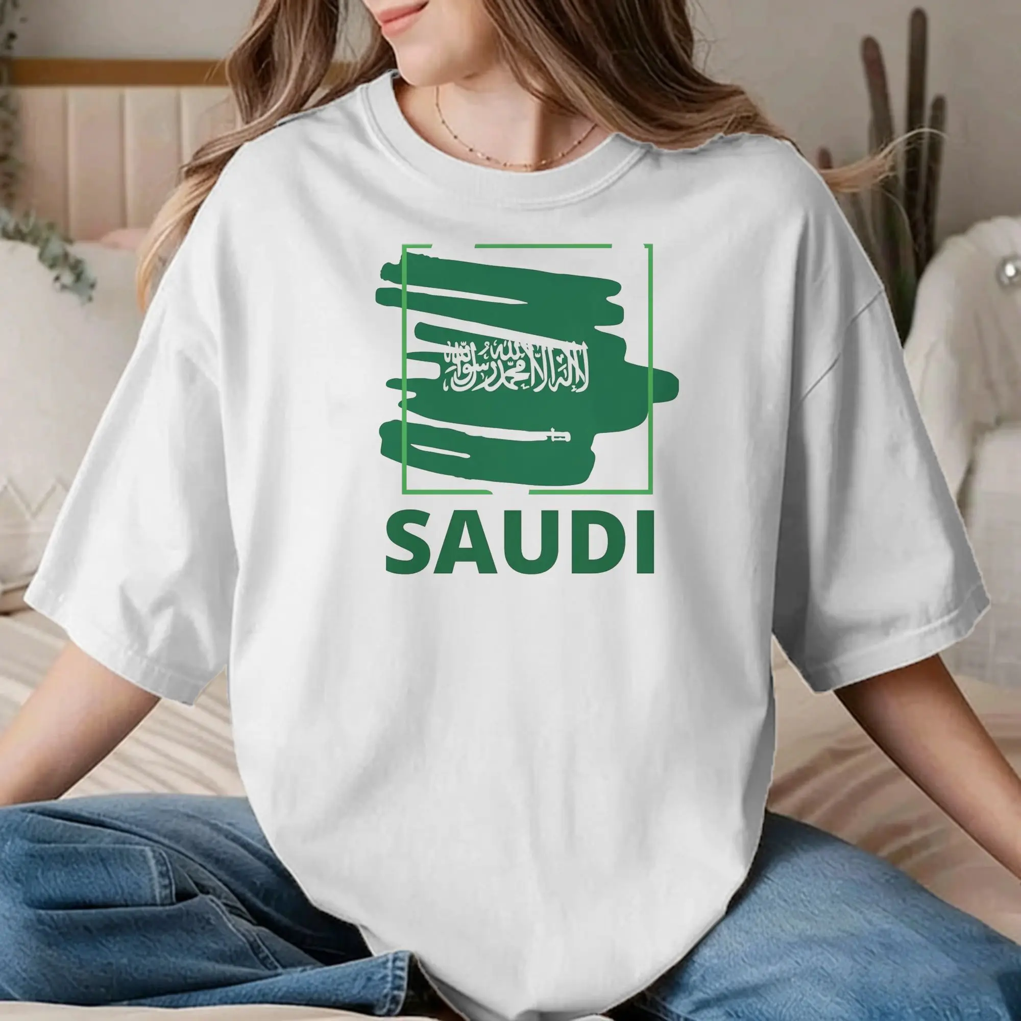 Camiseta do Dia Nacional da Arábia Saudita para Homens e Mulheres, Camiseta de Manga Curta com Gola Redonda, 100% Algodão, Roupas Plus Size