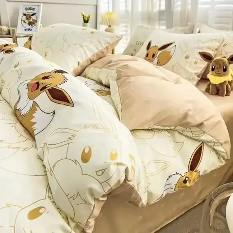 100% 순면 이불 세트, 포켓몬 사이덕 이브이, 어린이 침대 시트 베개 케이스, 이불 커버, 4 개 세트, 3 개 팩