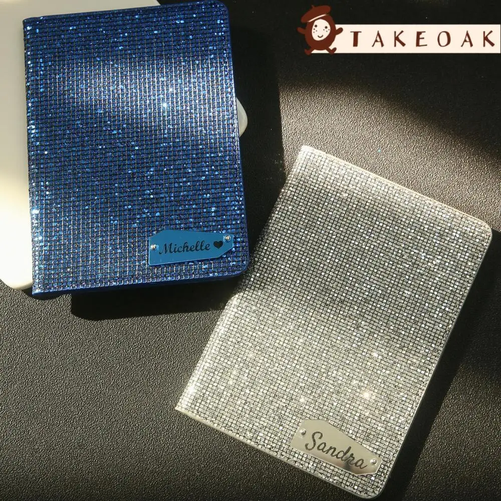 Custom Engraved Name Tag Passport Cover Personalized Custom Rhinestone Bling Passport Holder Sparkly Glitter Travel Wallet Gift