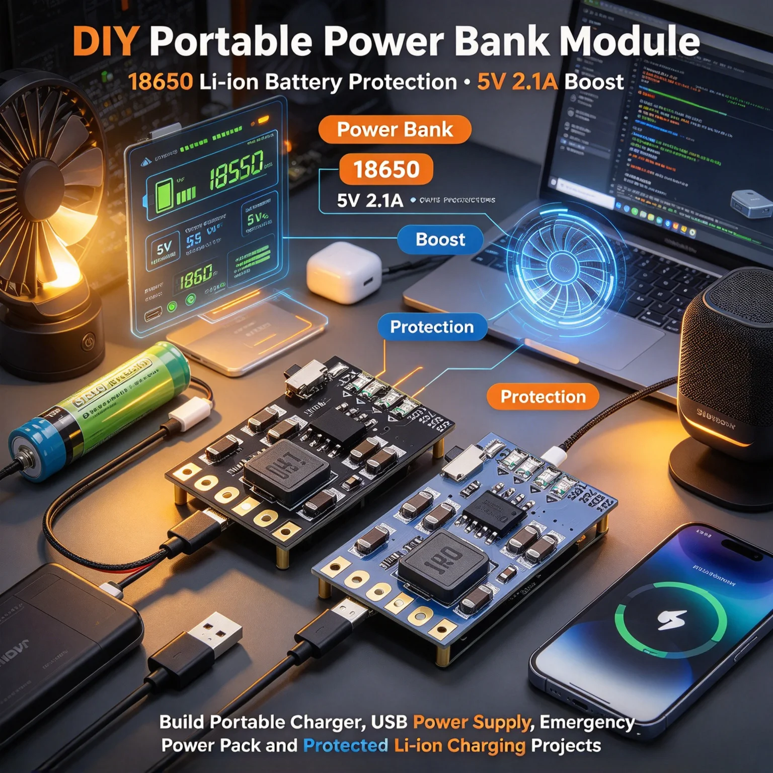 100Pcs DIY Power Bank Board, 18650 Li-ion Battery Protection, 5V 2.1A Boost Charge/Discharge