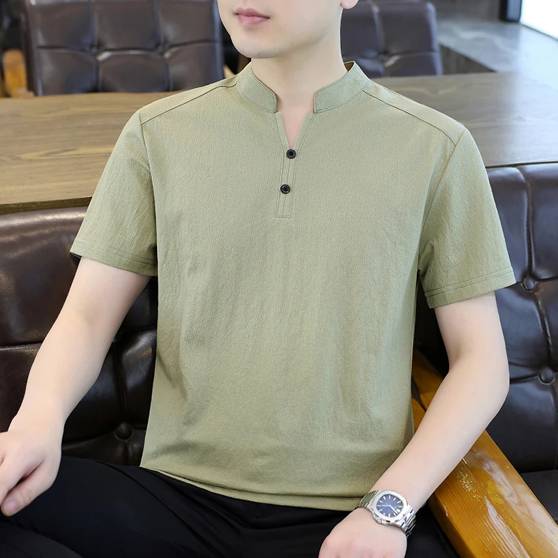 Summer Men's Silk-Linen Peplum Collar Cotton-Linen Short-Sleeved T-Shirt Polo Shirt