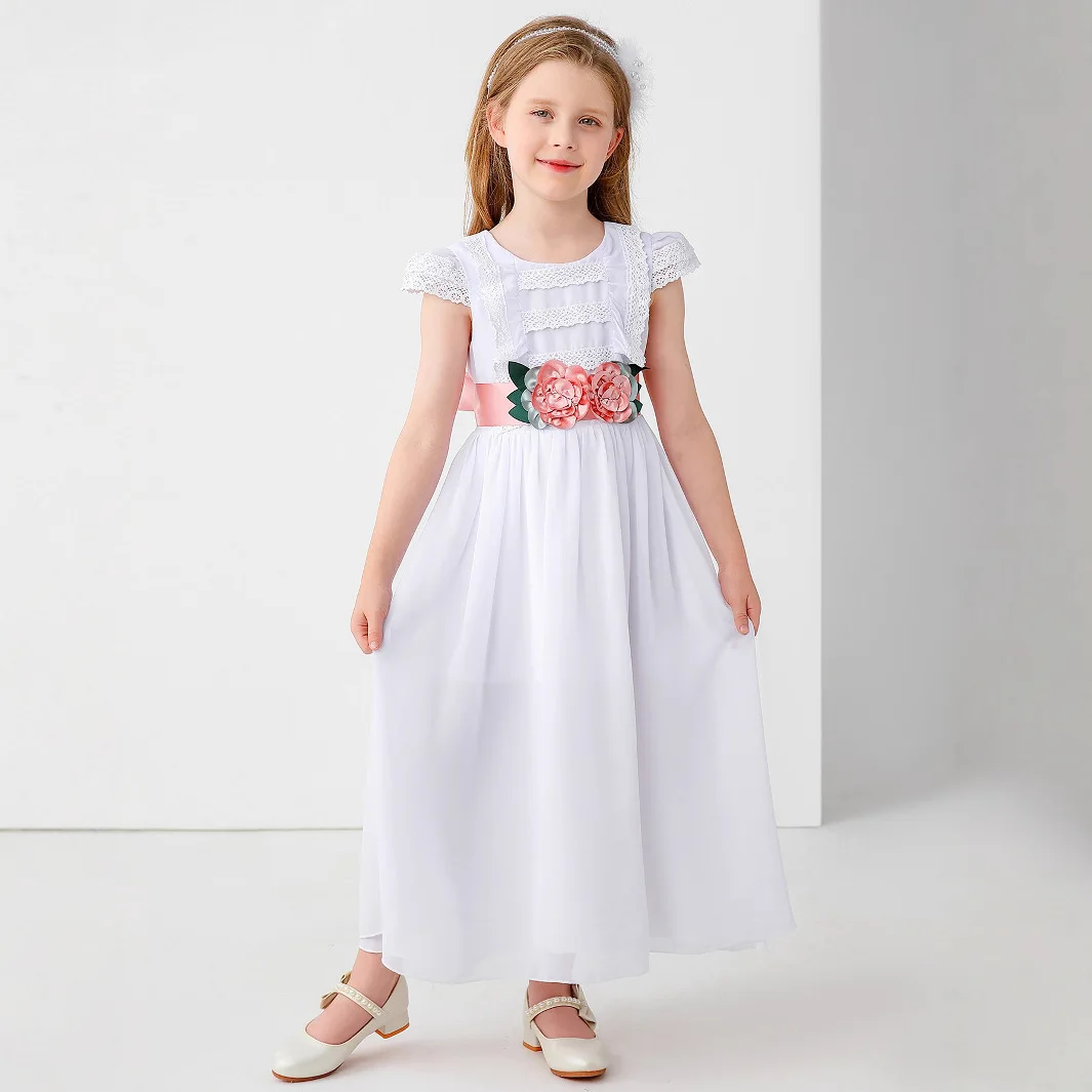 

2-12 years Kids flower wedding dress for girls party princess dress European and American style bow lace long