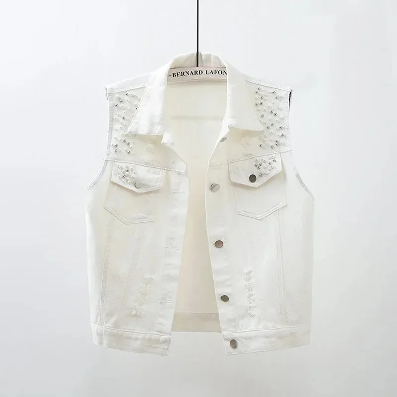 Lady Wash Large Size 5xl Denim Sleeveless 2025 Femme Cowboy Vest Spring Women Broken Hole Nail Bead Jeans Waistcoat Coat