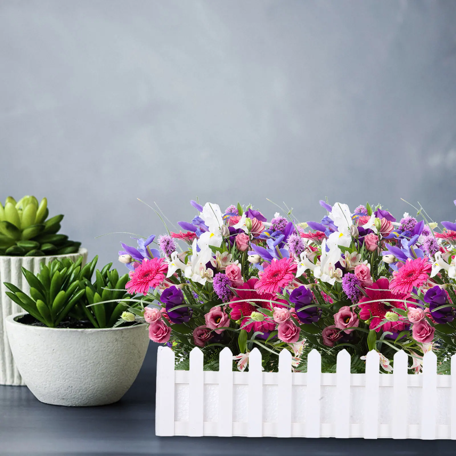 

Simulated Wood Fence Flower Pot Artificial Plants Planter Container Base Picket Rectangle with Foam Insert