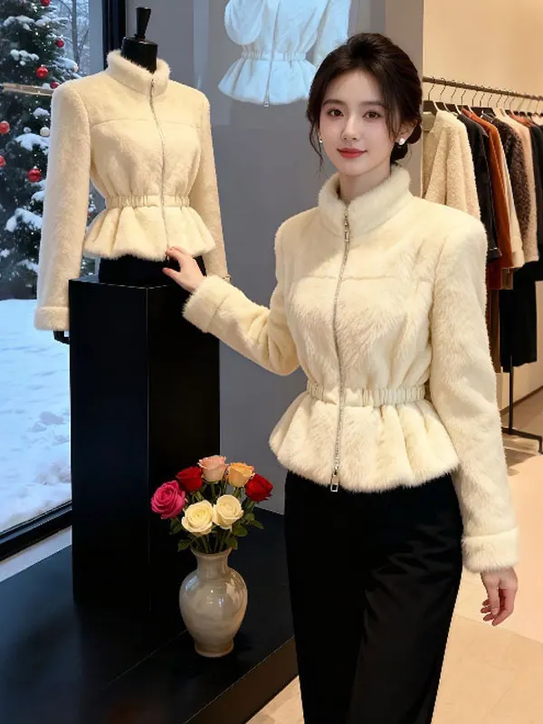 

Korean Sle ort Plu Jaet Waist-Cinching Slimming Faionable Youthful Spring 2025 Women's Regular Fit Stand Collar Zipper