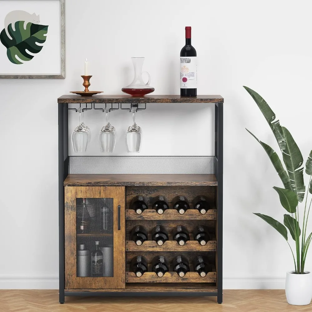 

Wine Cabinet with Large Storage Space and Detachable Rack, Industrial Sideboard and Buffet Cabinet with Glass Holder and Mesh