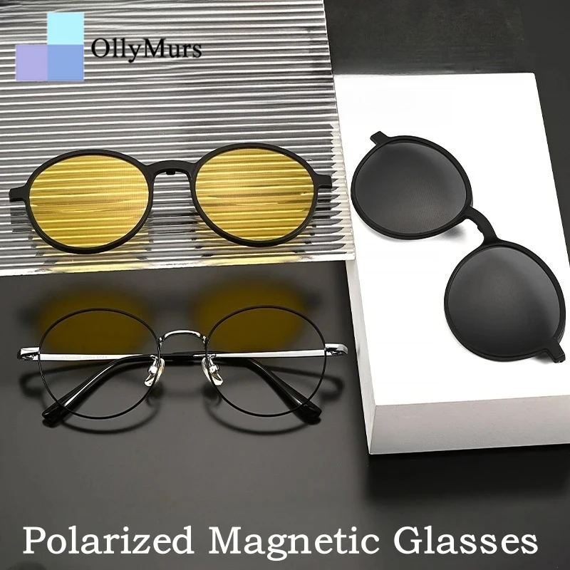 

OLLYMURS Retro Round Polarized Magnetic Clip-On Glasses Men and Women Ultra-Light Fashion Optical Prescription Eyeglasses Frame