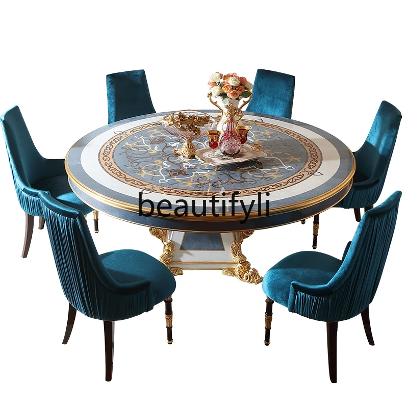 French court style round dining table and chairs shell parquet beech luxury retro style dining table