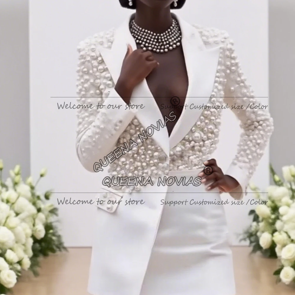 ชุดสูทประดับมุกหรูหราสำหรับผู้หญิง ชุดเซ็ต 2 ชิ้น เสื้อแจ็คเก็ต + กระโปรงสั้น ชุดทำงานสุภาพสตรี ชุดออกงาน ชุดแม่เจ้าสาวสั่งตัดได้ ปี 2026